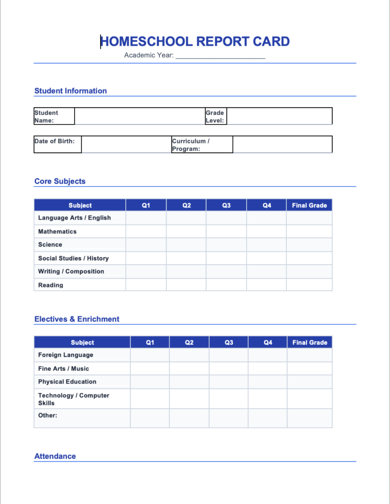 homeschool report card template