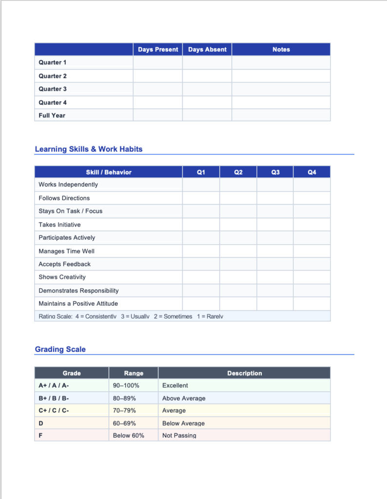 homeschool report card template